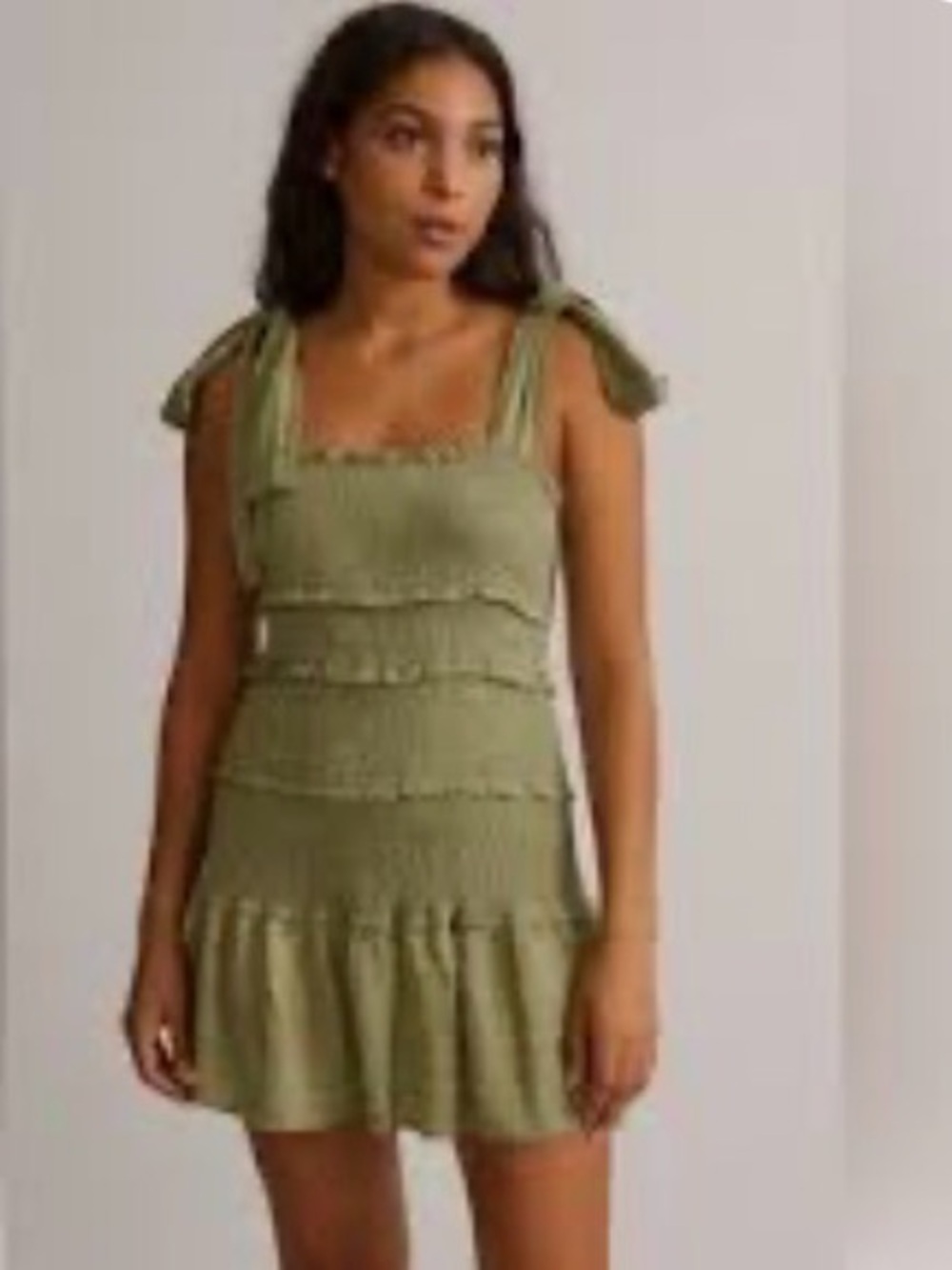 Smocked Tie-Shoulder Mini Dress in Olive Green
